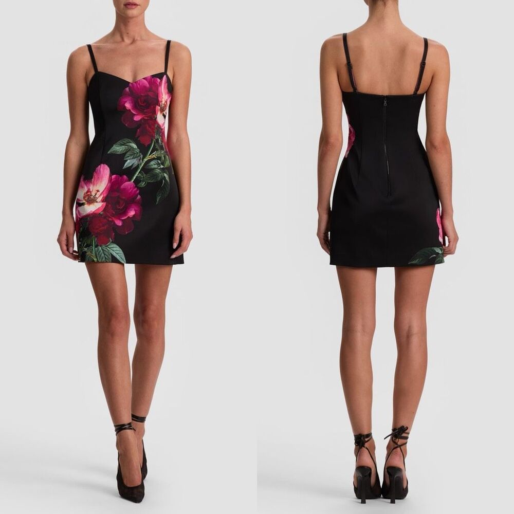 ALICE + OLIVIA Nina Placed Floral Minidress in Empress Bloom Black Size US 2 $39